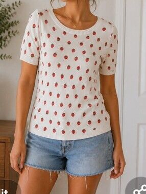 Cooperative Strawberry Print 100% Cotton Lightweight Knit Sweater Top Small